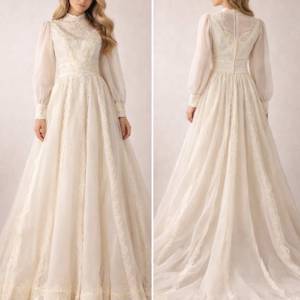 Vintage Alfred Angelo Edythe Vincent 80’sWedding Dress Lace Floral Long Sleeve S